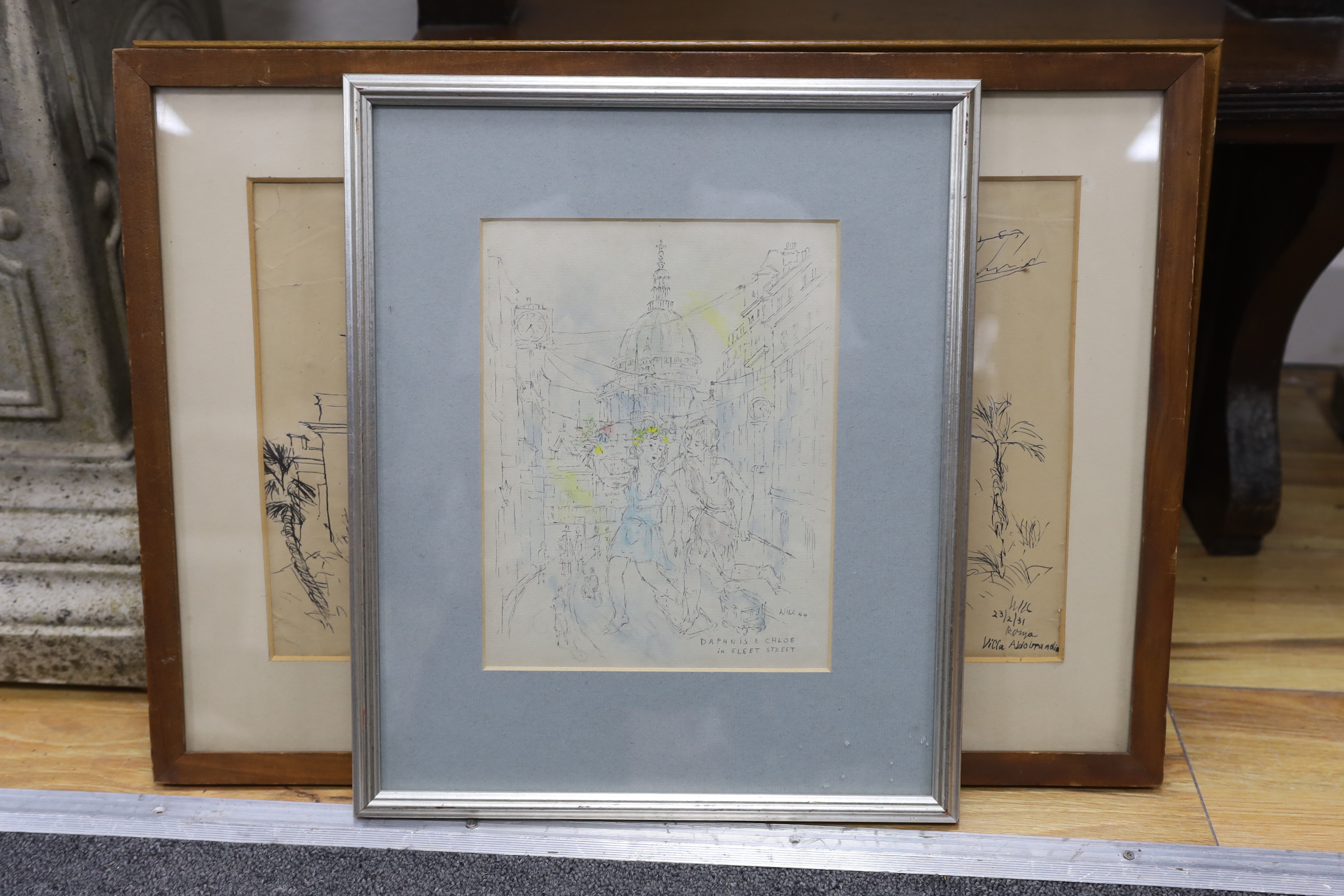 Katrina Wilczynski, four ink and charcoal sketches, Italian views and London street scene, each signed ‘Wilc’, largest 25 x 41cm